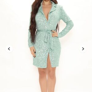 Fashion Nova Mint Green Sequin Shirt Dress with Waist Tie